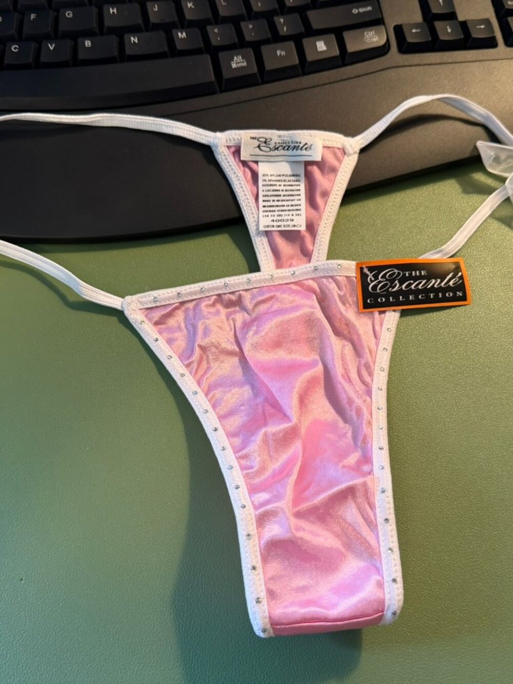 NWT Escante Pink & White with Bows Rhinestone G-String XL
